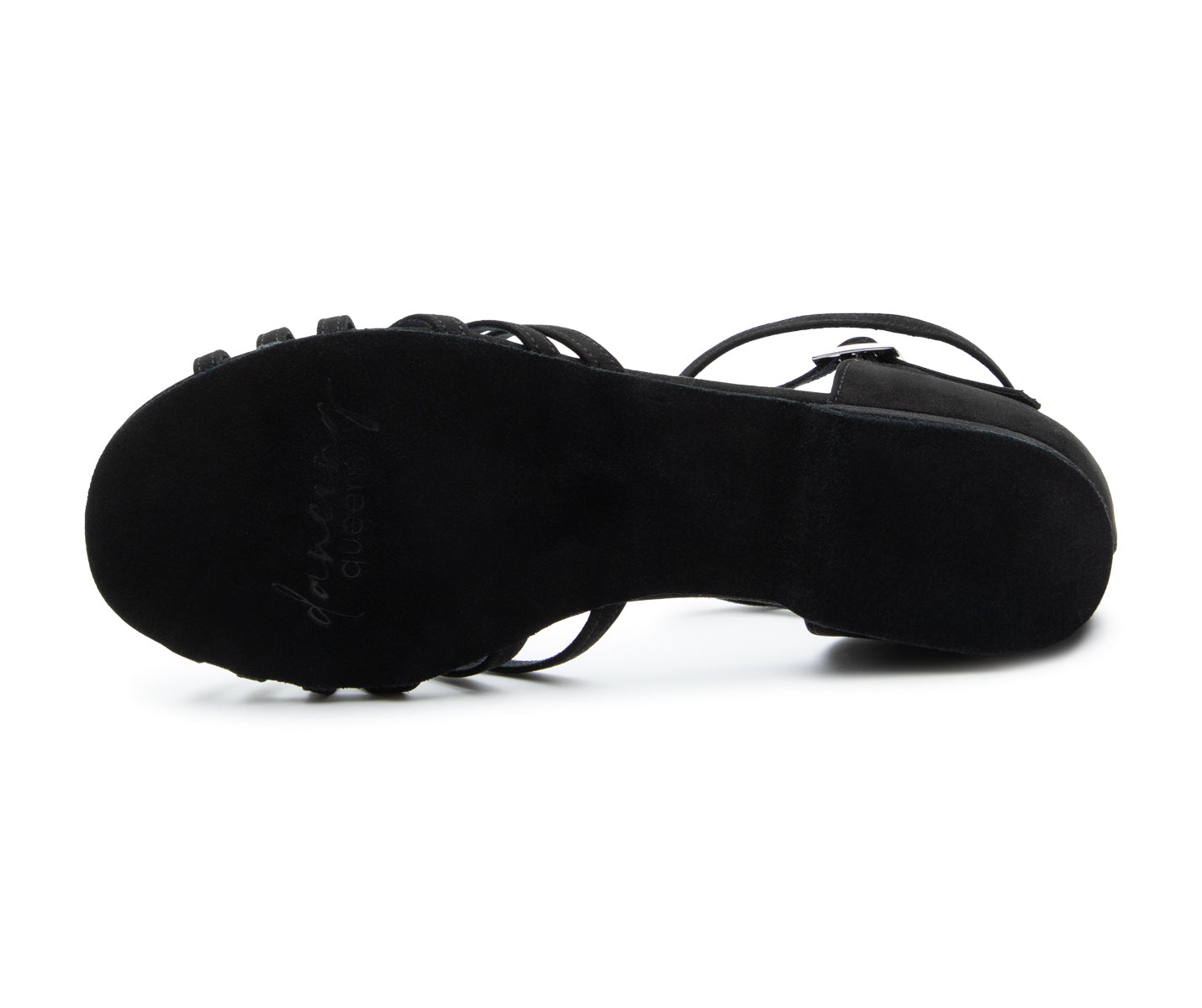 Unteransicht der schwarzen DQ02-Wildleder-Tanzschuhe von Dancing Queens, mit hervorgehobenem Riemendesign und Sohlenstruktur.