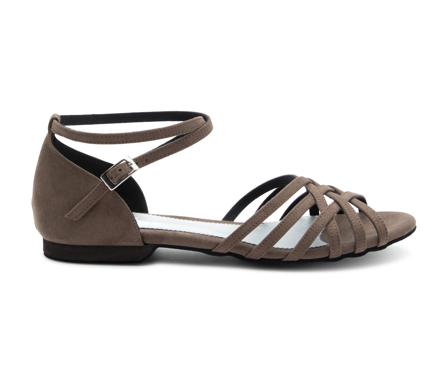 Flache Riemchensandale DQ02 aus grauem Wildleder mit Knöchelriemen und Schnalle von Dancing Queens.