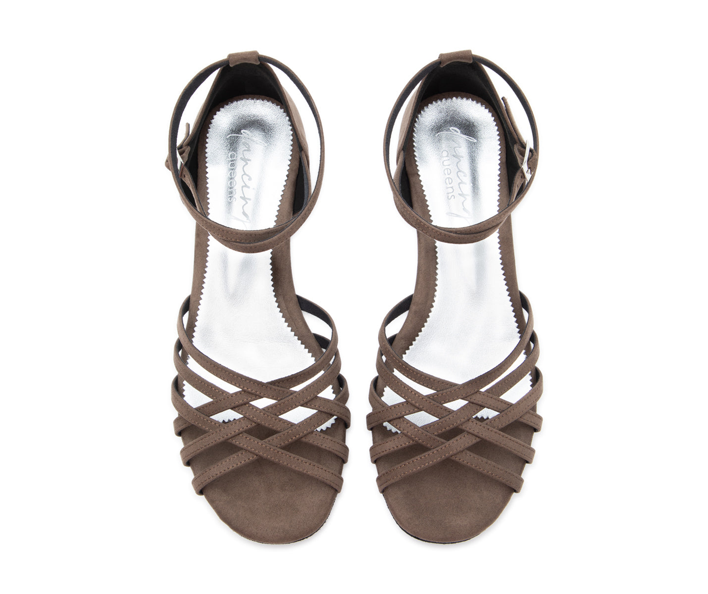 Draufsicht der flachen Tanzschuhe DQ02 aus grauem Wildleder von Dancing Queens auf weißem Hintergrund.