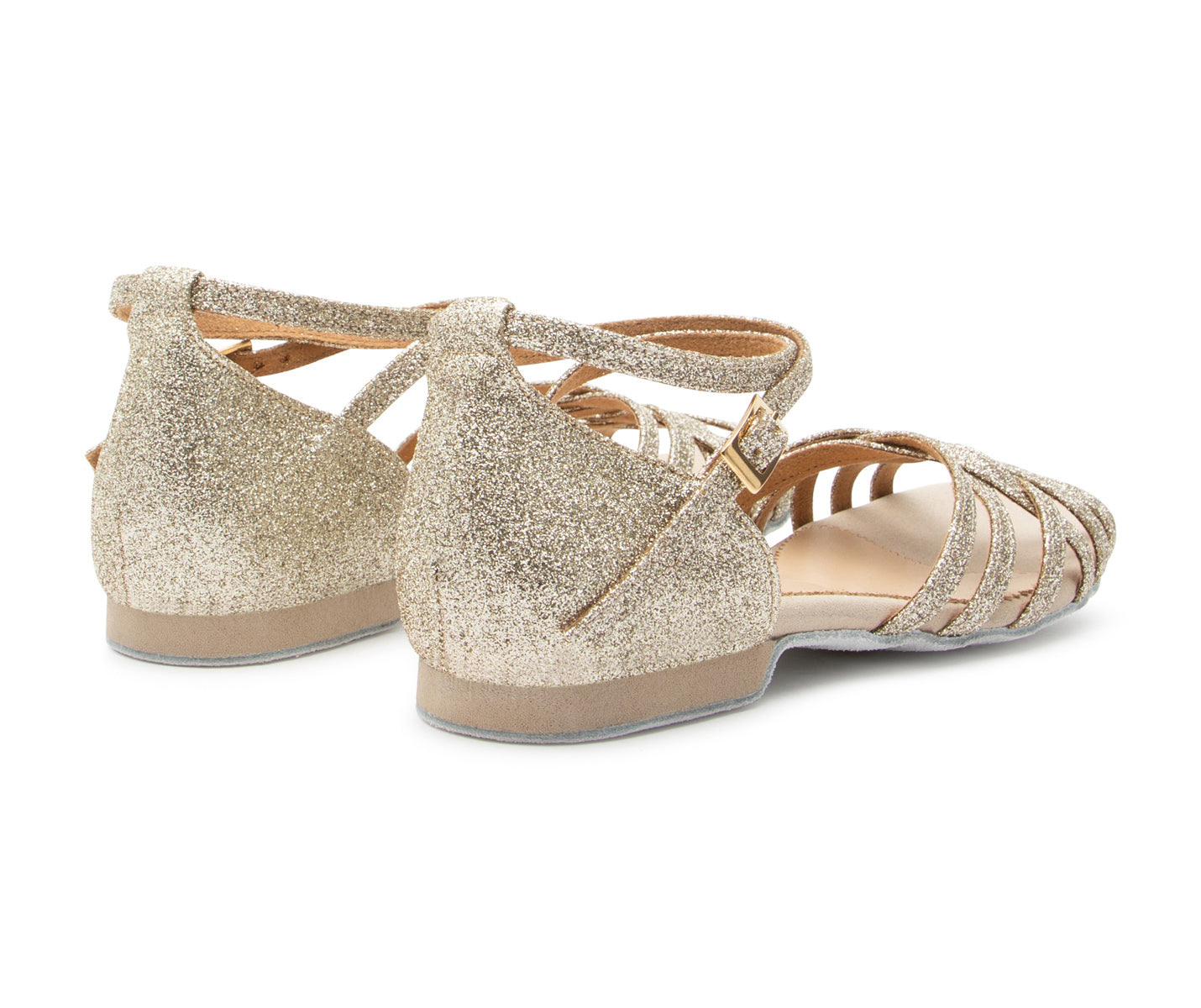Joy Tanzschuhe in Gold Glitter Mikrofaser von Dancing Queens: Flache Strappy-Sandalen mit Fersenriemen.