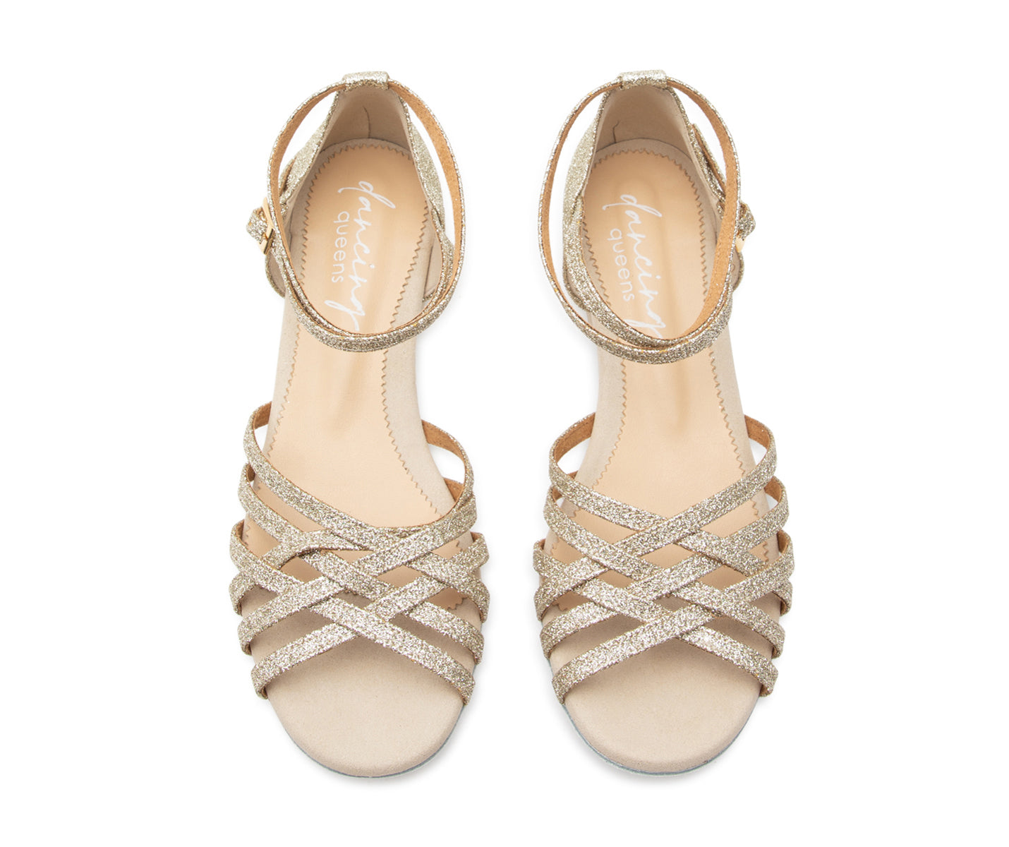 Joy Tanzschuhe in Gold Glitter Mikrofaser von Dancing Queens mit flachem Absatz und Knöchelriemen.