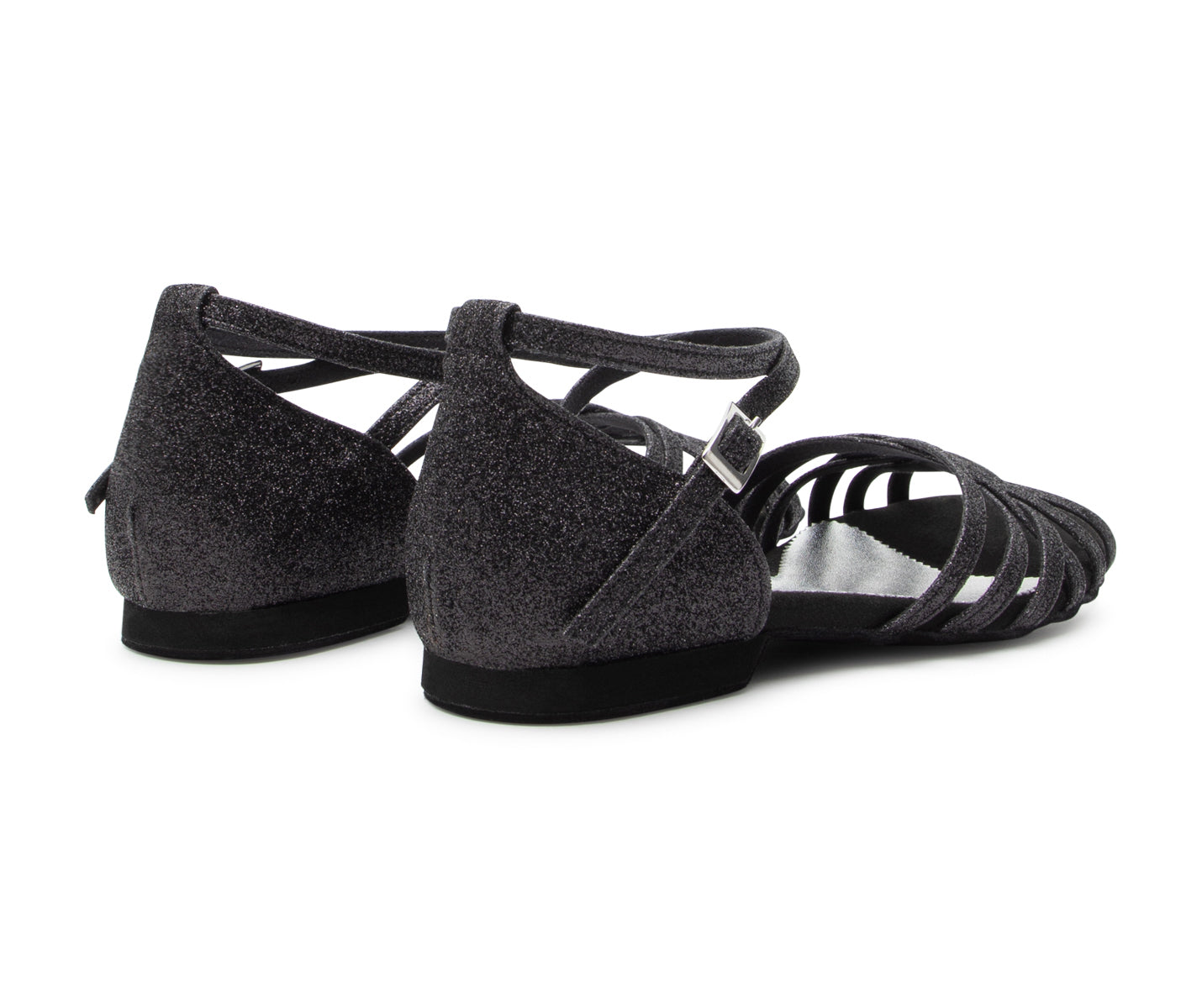 Joy Tanzschuhe in Schwarz Glitter Mikrofaser von Dancing Queens mit geschlossenem Absatz und Fesselriemchen, Rückansicht.