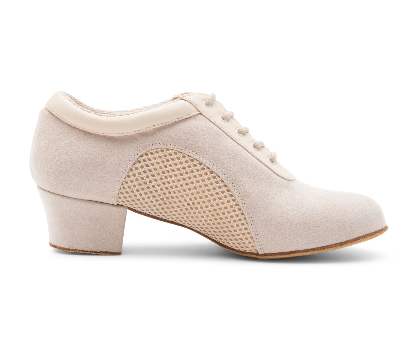 Balance Trainer-Tanzschuhe in Beige Wildleder von Dancing Queens, mit Mesh-Einsätzen und einem niedrigen Absatz.