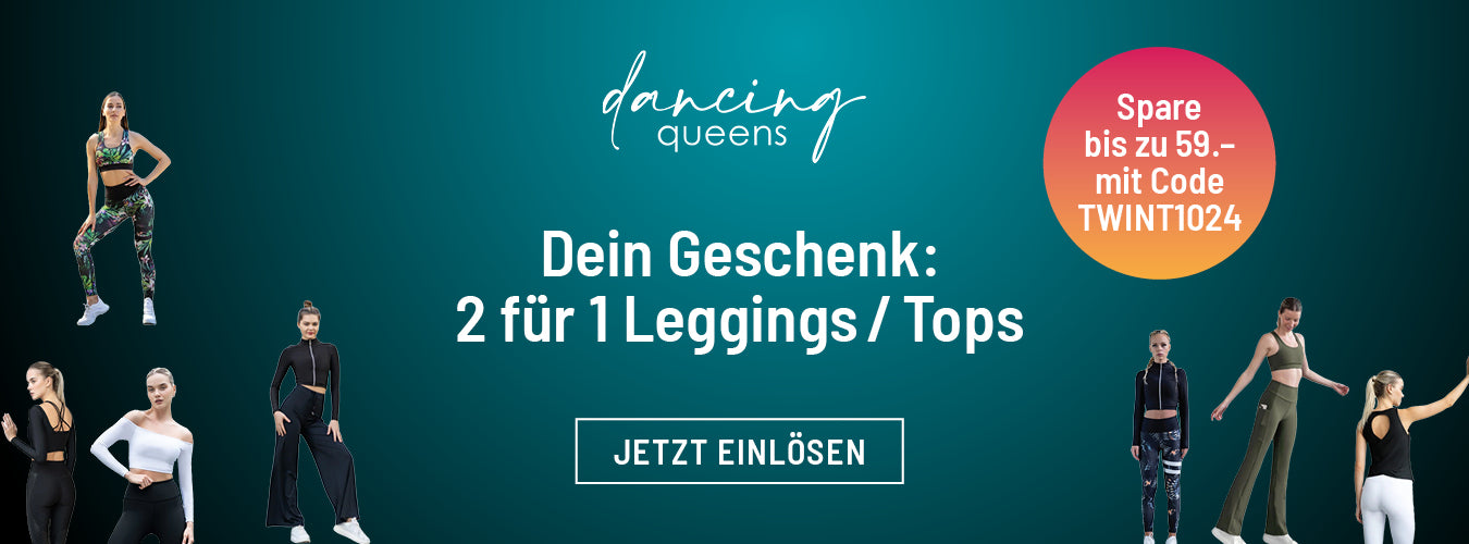 Werbebanner für „Dancing Queens“ mit Frauen in Sportbekleidung, die „2 für 1 Leggings/Tops“ mit einem Rabattcode anbieten.