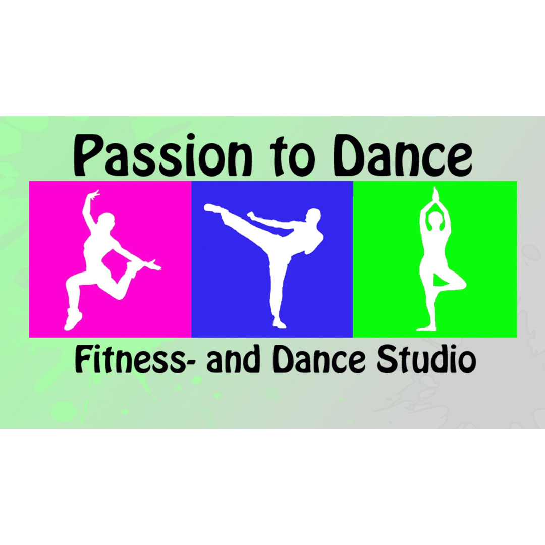 Silhouetten-Tänzer mit Text „Passion to Dance“ von Tanzkurse, inklusive Zumba-Fitnesstrainer!.