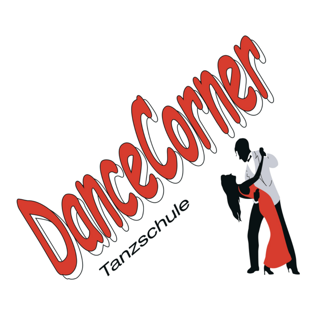 Logo mit „DanceCorner“ und einem tanzenden Paar, das Tanzkurse in der Silhouette zeigt.