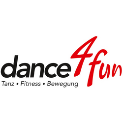 Logo: „dance4fun“ in Schwarz und Rot; unten kleinerer Text: Tanzkurse • Fitness • Bewegung in Schwarz.