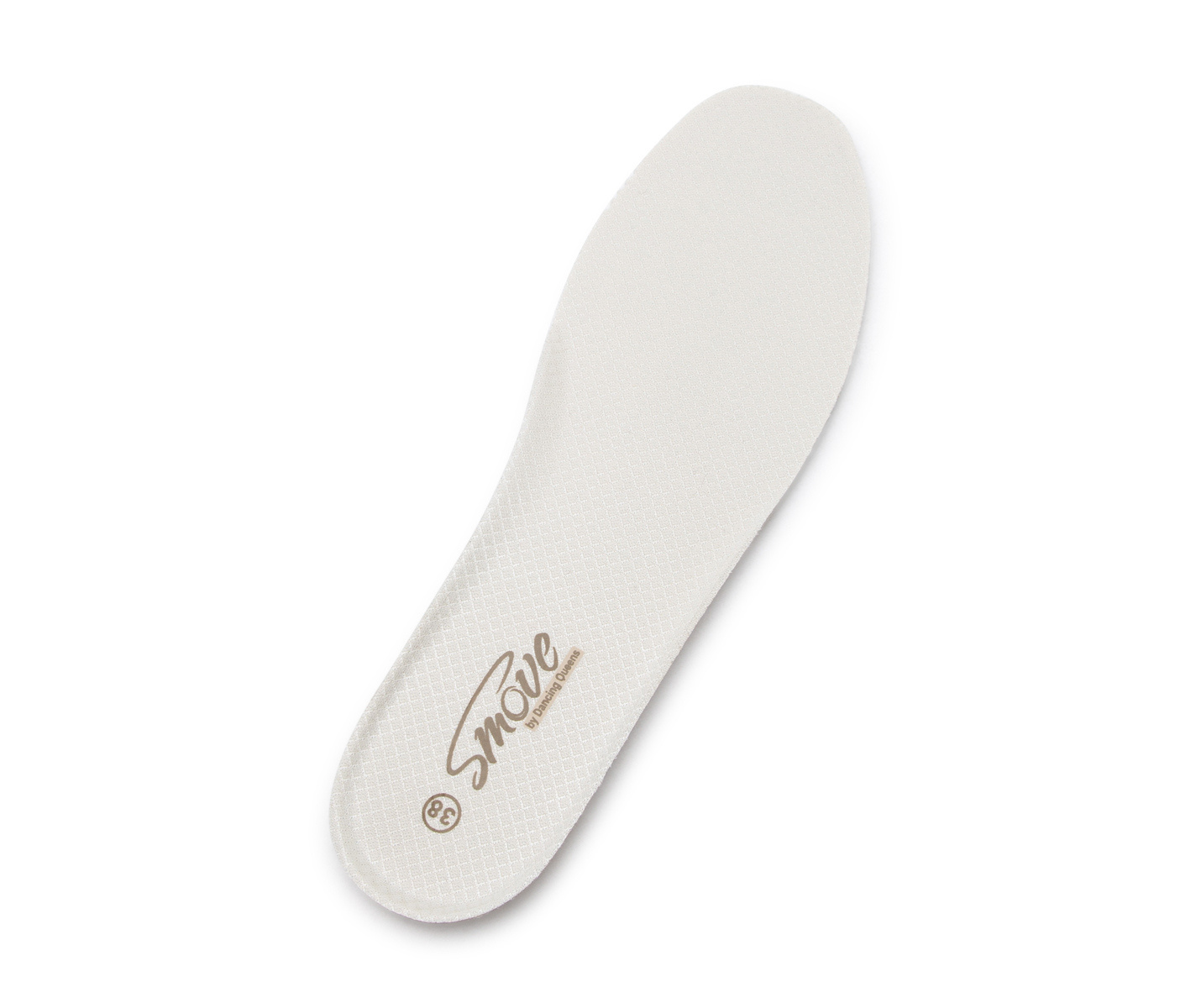 Eine weiße Dancing Queens Innensohle für SMOVE Breeze/Accent Damen, eingebrannt in der Nähe der Ferse.