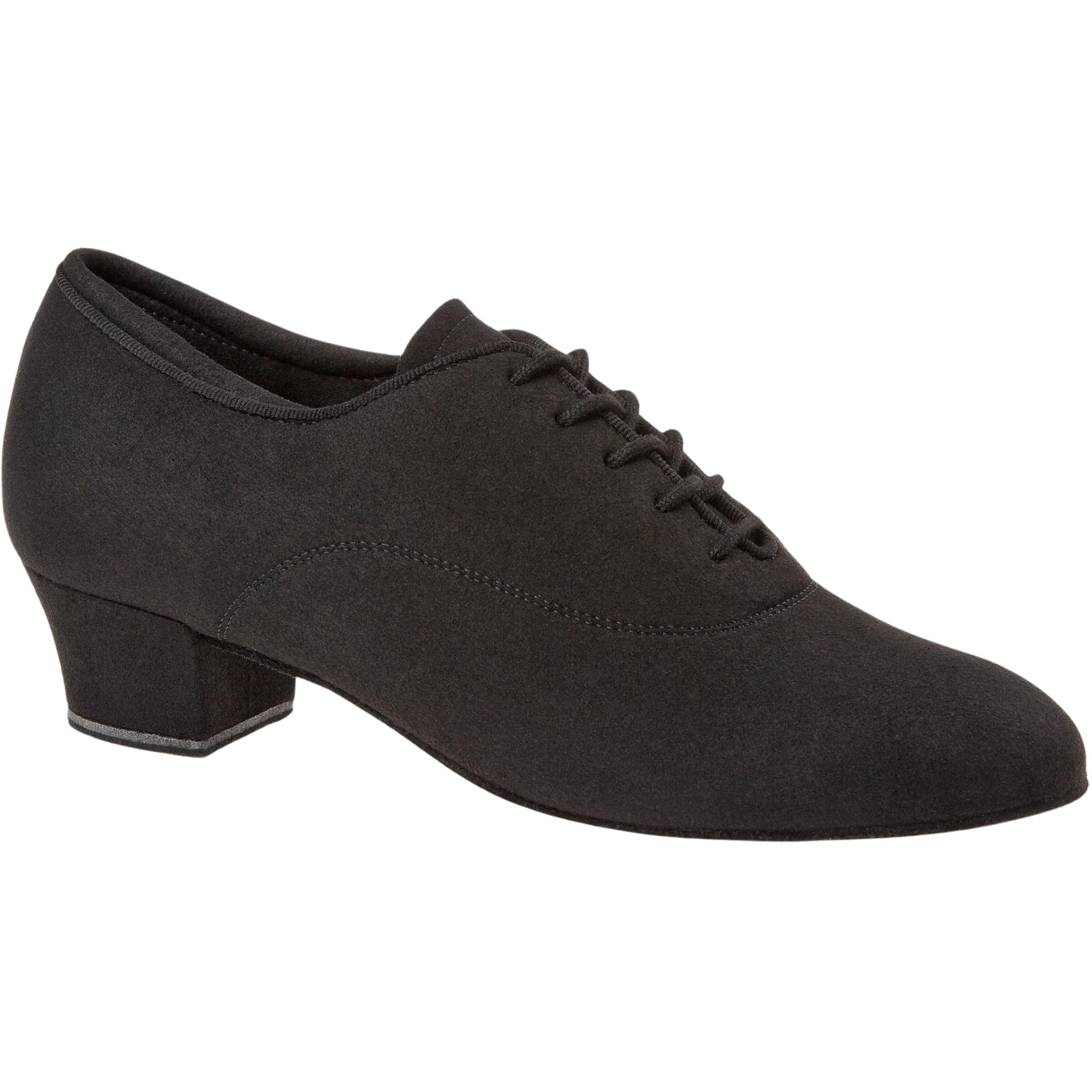 Diamant 140 Tanzschuhe in Schwarz mit niedrigem Absatz, Schnürung vorne und Mikrofaser, schräge Ansicht.