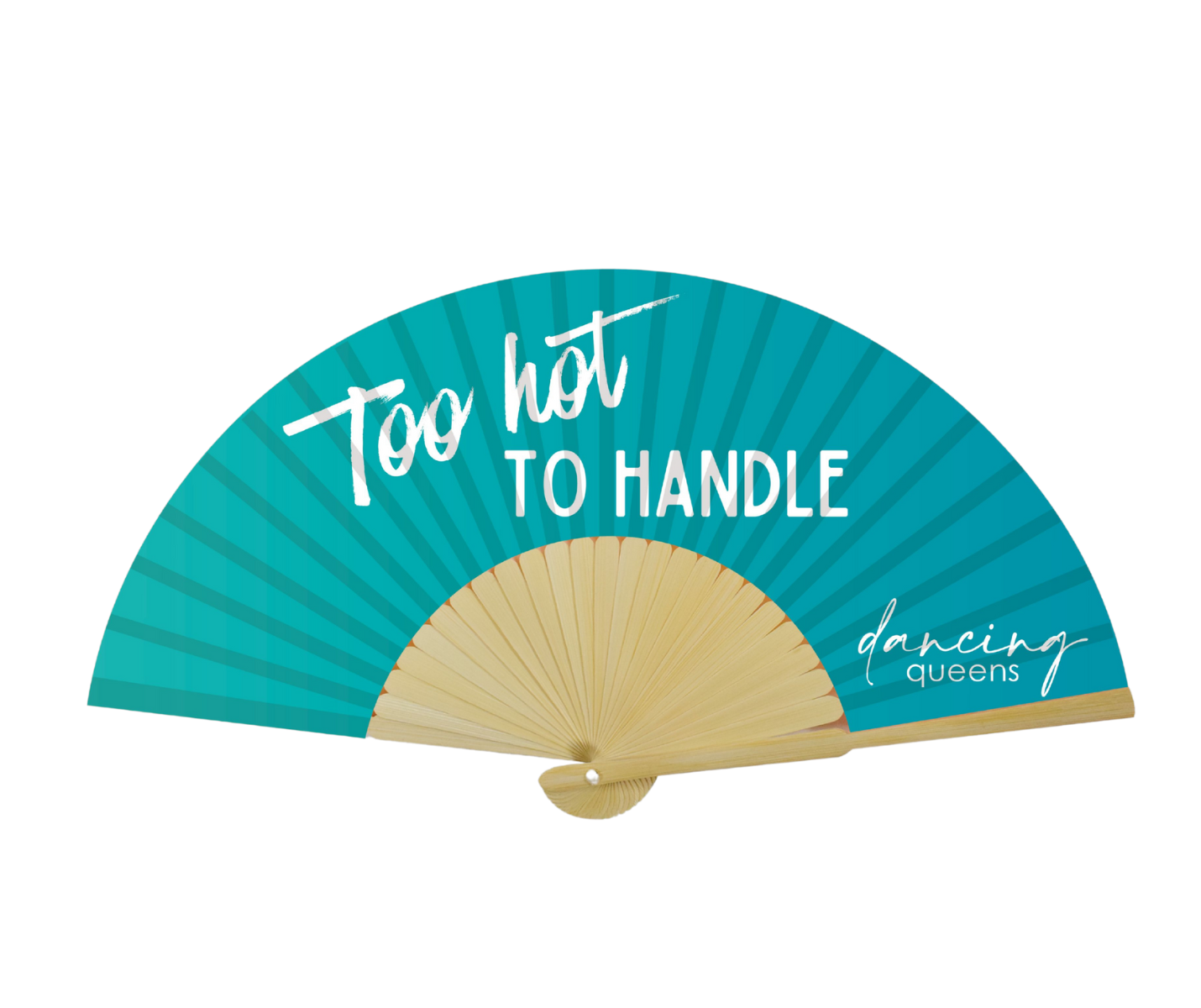 Die Dancing Queens Fächer in Türkis mit "Too hot to handle" in Weiß - Ihr ultimatives Tanz-Accessoire.