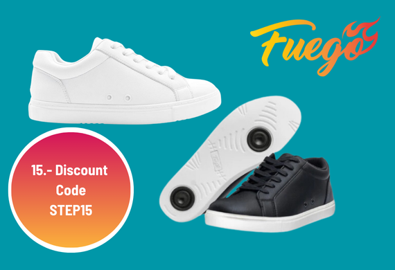 Weiße und schwarze Sneaker mit Rollen; „Fuego“-Logo und Rabattcode „STEP15“ auf blaugrünem Hintergrund.