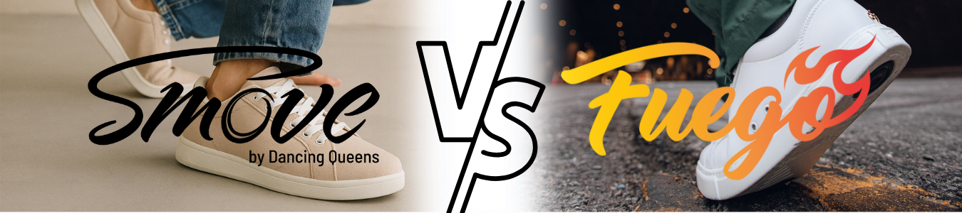Zwei Sneaker im Vergleich: links der beigefarbene Smoke von Dancing Queens, rechts der weiße Fuego mit Flammenmotiv.