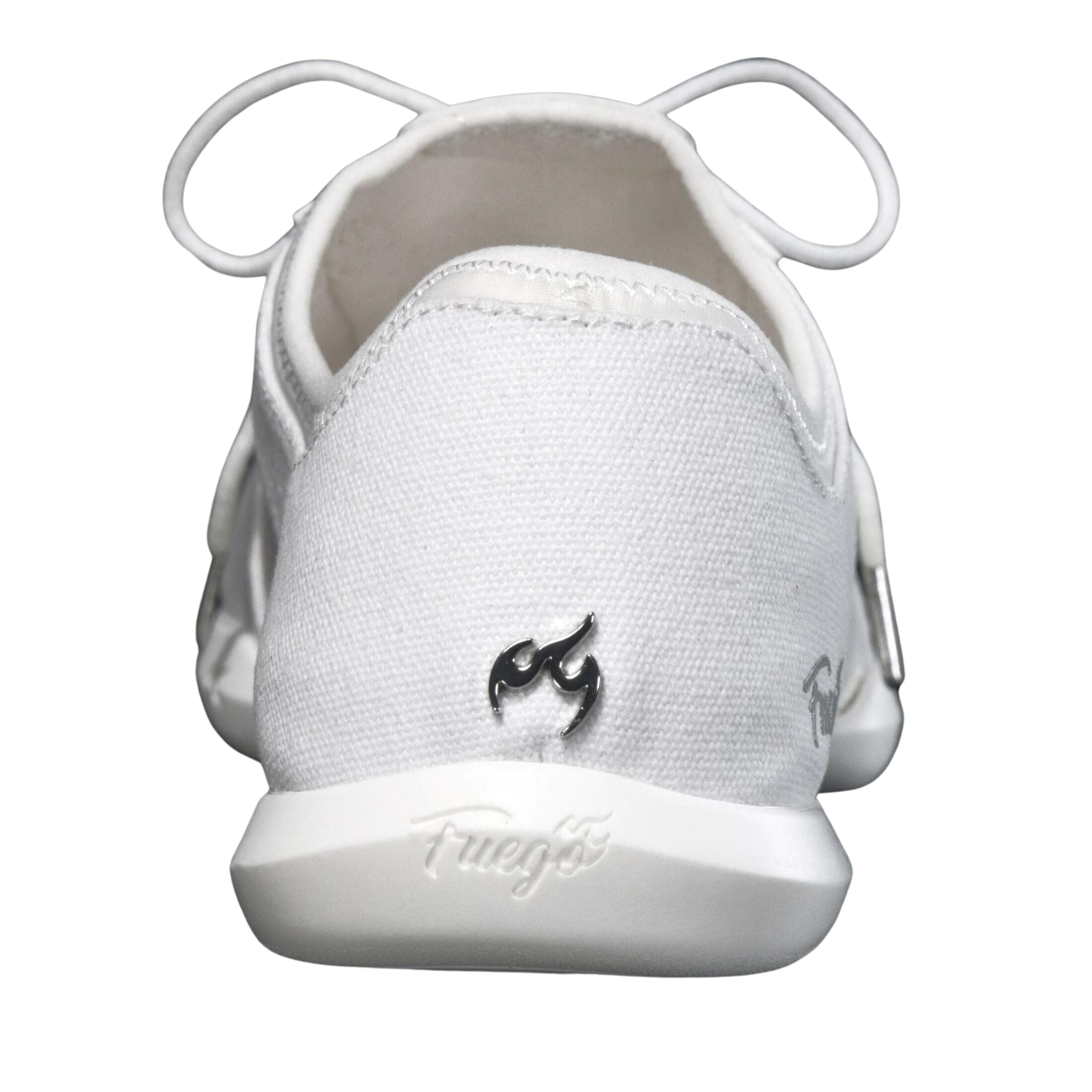 Vegane Fuego Dance Sneakers in Weiss, von hinten betrachtet, mit silbernem Logo und „Fuego“ auf der geteilten Sohle.