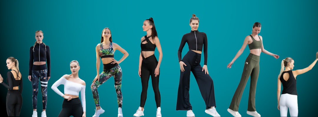 Frauen in verschiedenen sportlichen Posen und unterschiedlichen Sportoutfits vor einem blaugrünen Hintergrund.