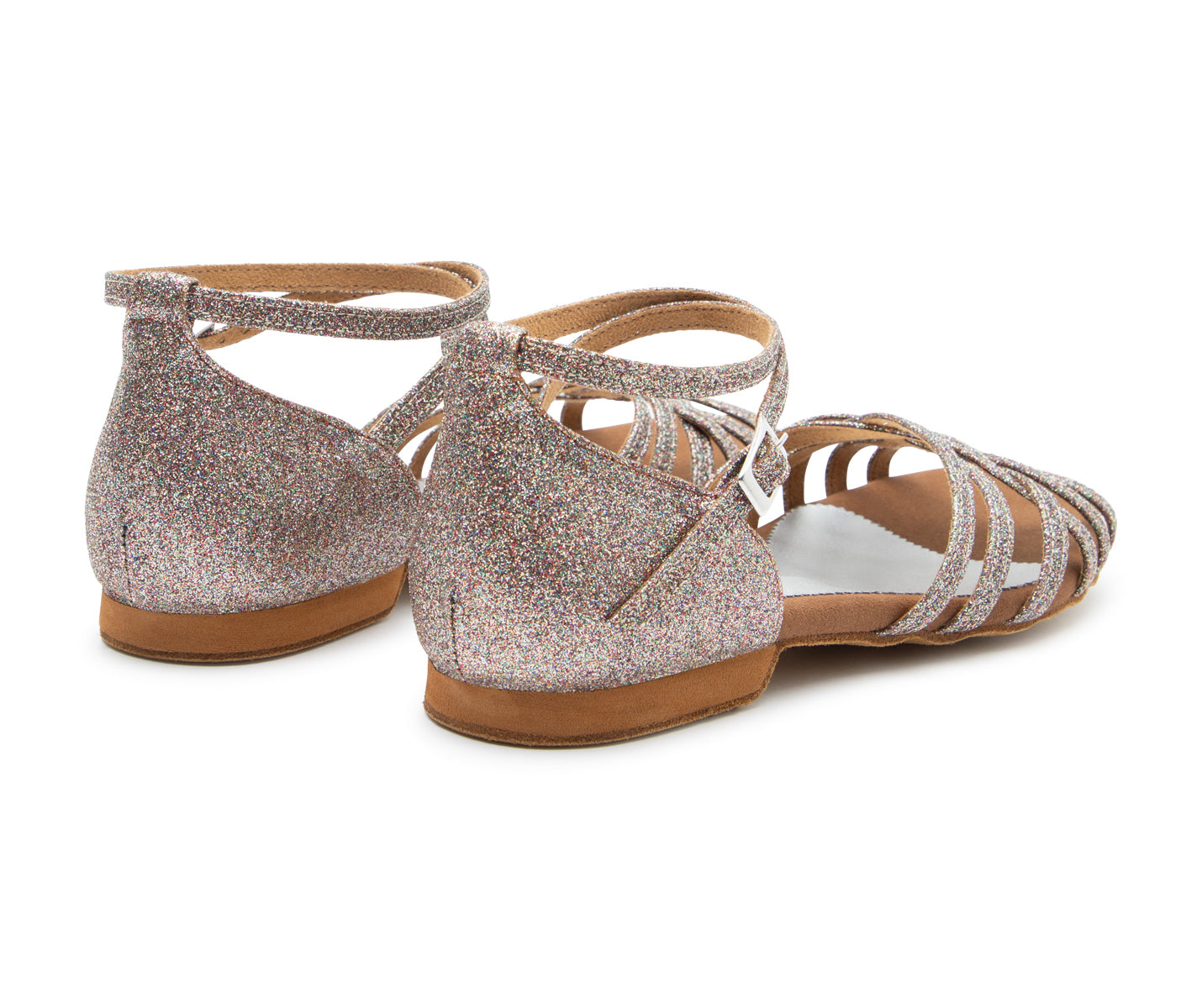 DQ02 flache Tanzschuhe in Multiglitter von Dancing Queens, mit Fesselriemchen, von hinten und von der Seite gesehen.
