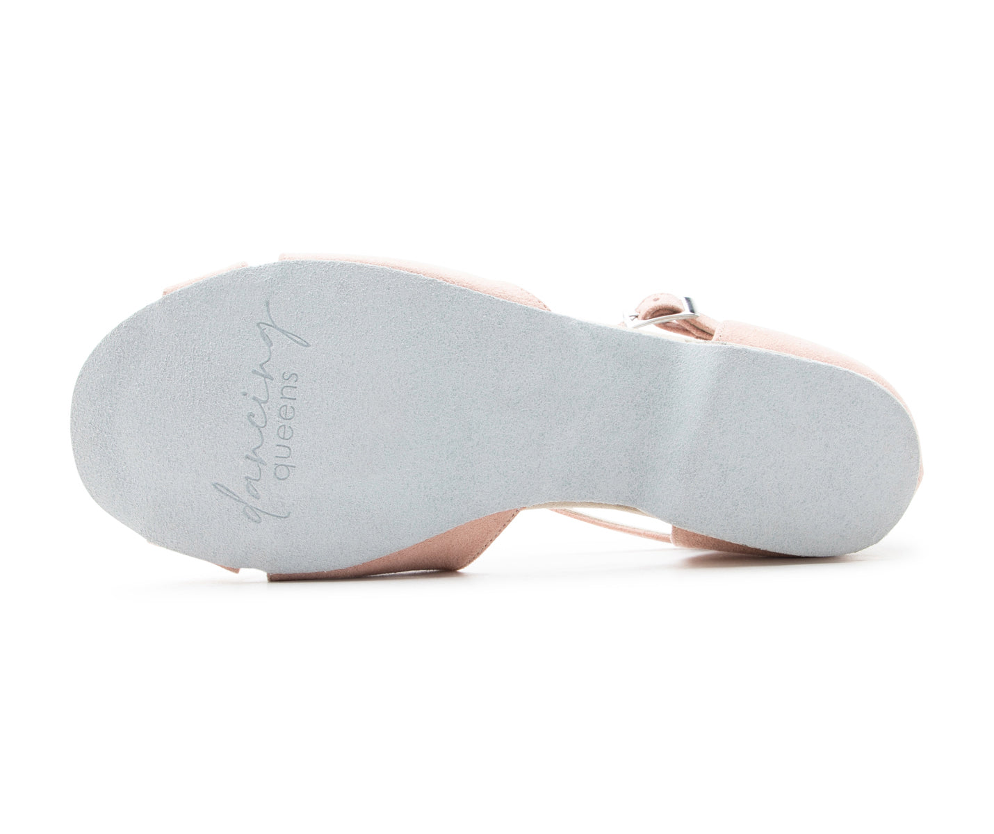 Die Sohle eines Grace Harmony Tanzschuhs in Coral Wildleder von Dancing Queens mit Branding darunter.