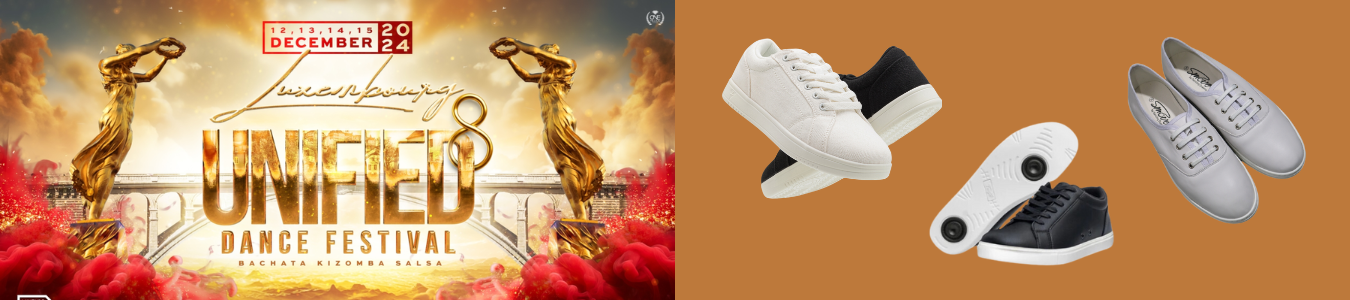 Plakat zum Unfield Dance Festival 2024 mit tanzenden Statuen; verschiedenfarbige Turnschuhe auf braunem Hintergrund.