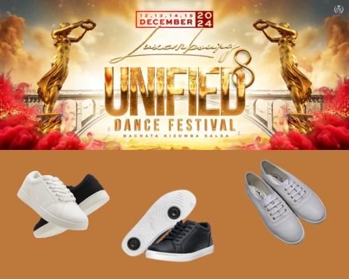 Poster des UNIFIED Dance Festivals mit goldenen Statuen. Enthält vier Paar Tanzschuhe (siehe Abbildung unten).