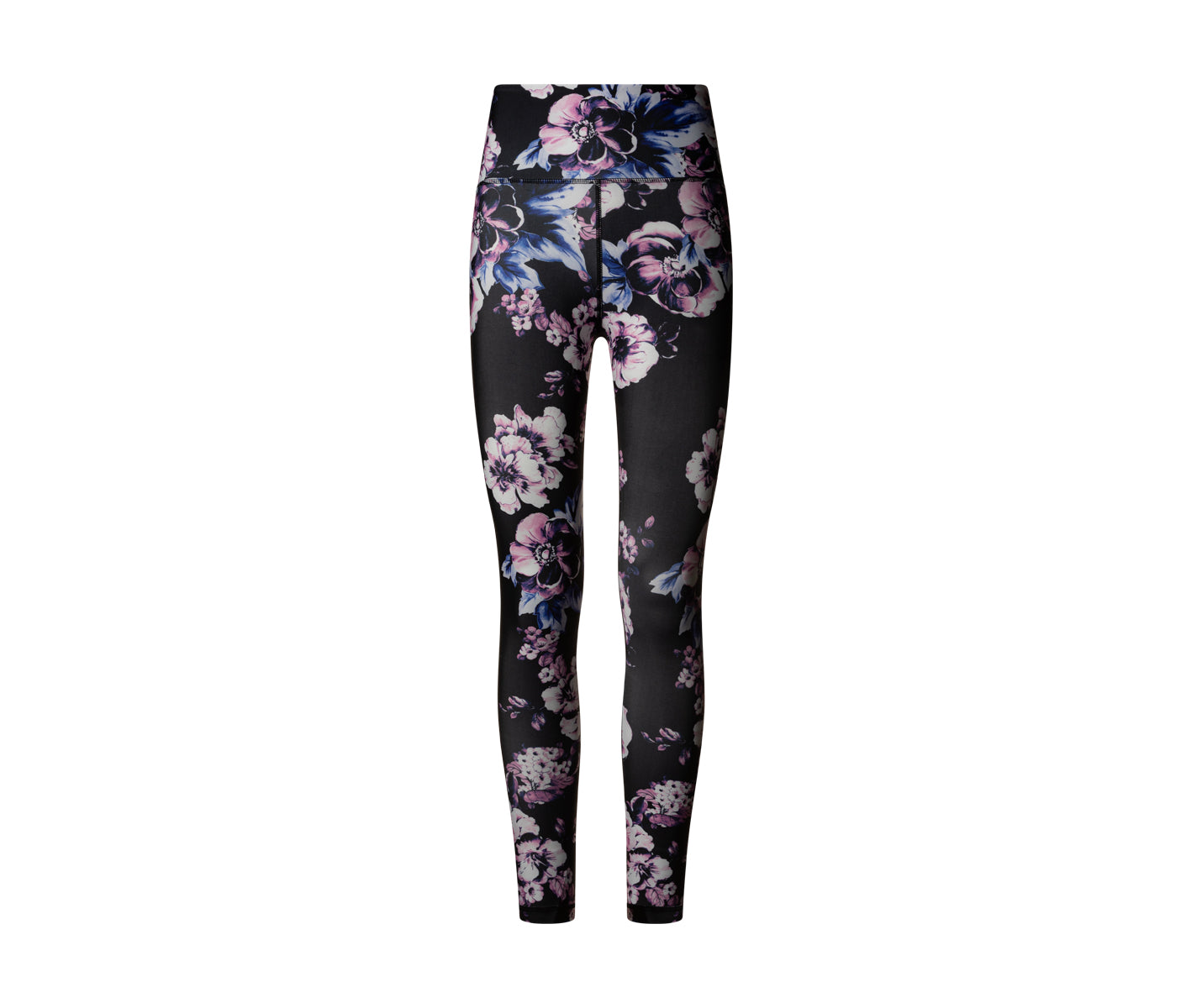 Die 334 High Waist Leggings von Lismina in Schwarz sind mit rosa und lila Blumen verziert und sorgen für eine perfekte Passform.