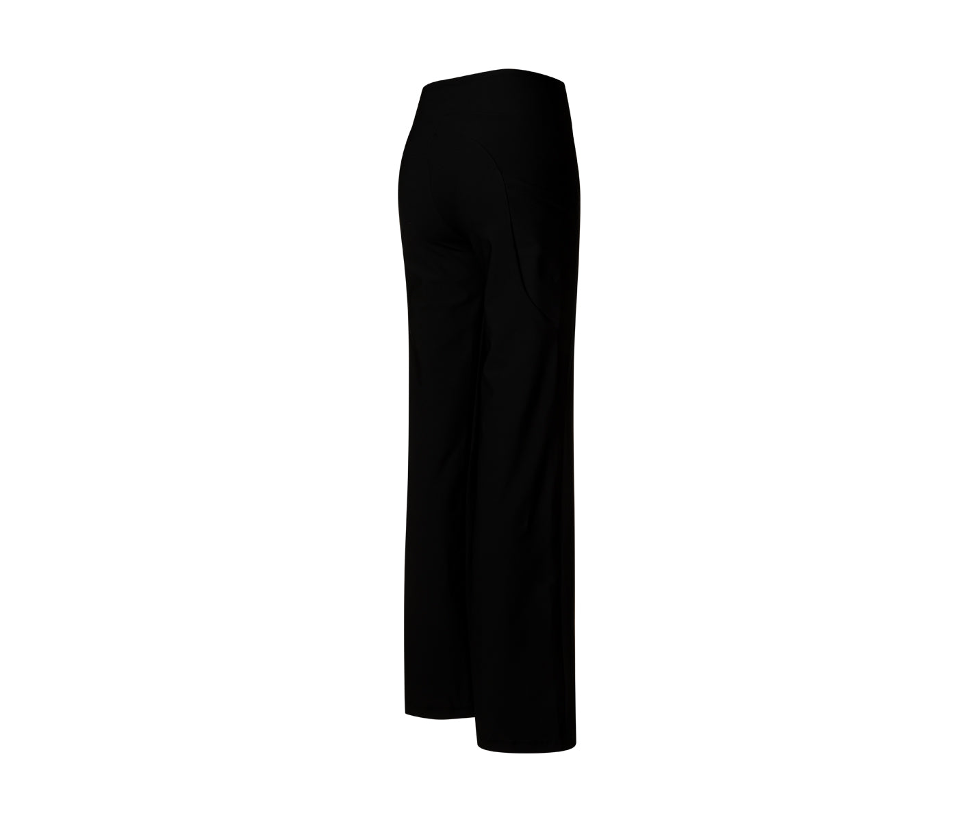 Lismina 432 Pocket Schlagleggings in Schwarz, mit hoher Taille und weitem Bein, von der Seite auf Weiß gezeigt.