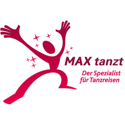 Logo einer tanzenden Figur mit Sternen und „Tanzreisen Max tanzt Der Spezialist“ in Rot, von Event zur Tanzpartnersuche.