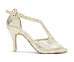Goldene ESP11 Tanzschuhe mit Knöchelriemen von Dancing Queens, Teil der Kollektion.
