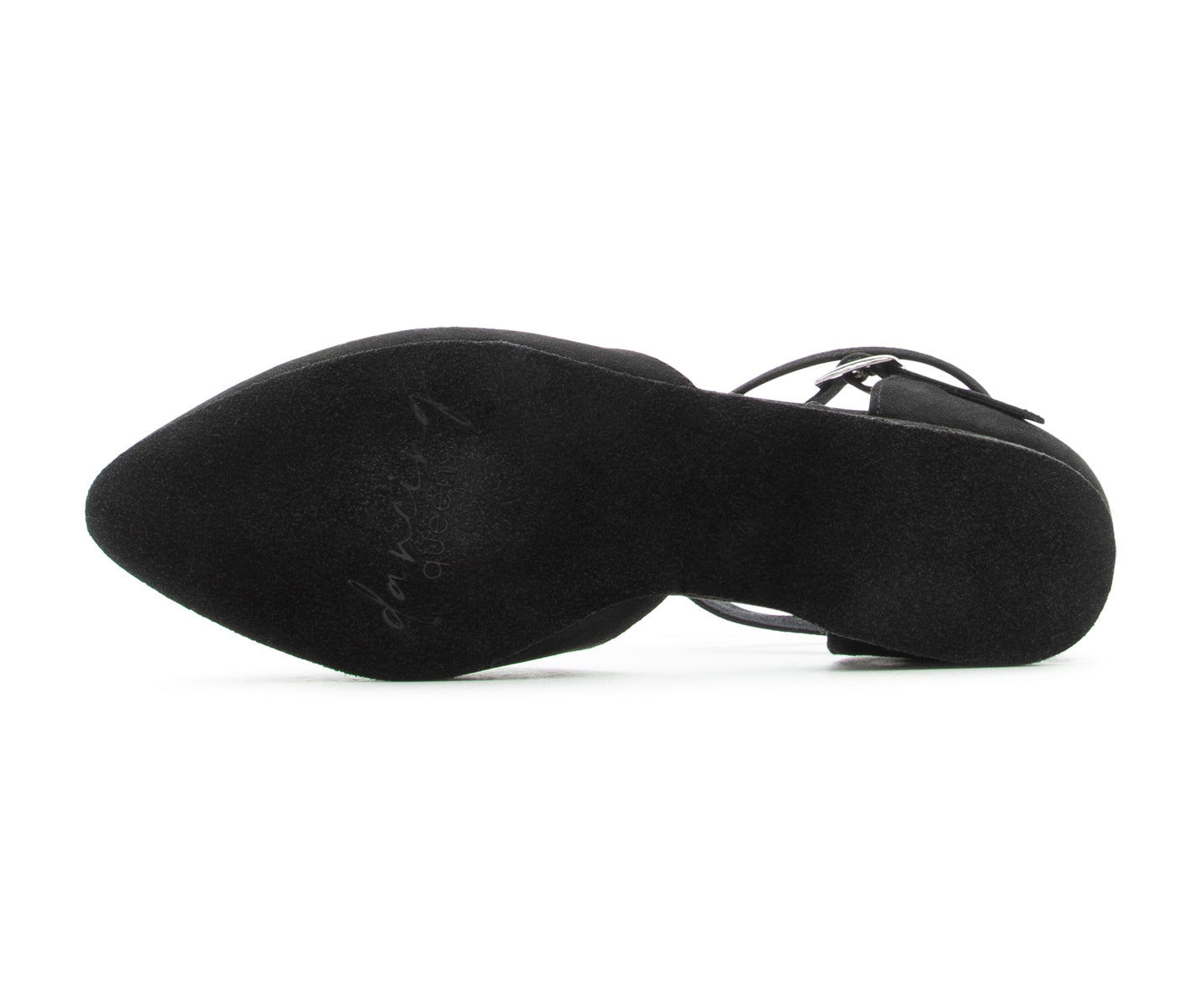Unteransicht der Dancing Queens Poise Desire Tanzschuhe in Schwarz Wildleder mit spitzer Spitze und Knöchelriemen.