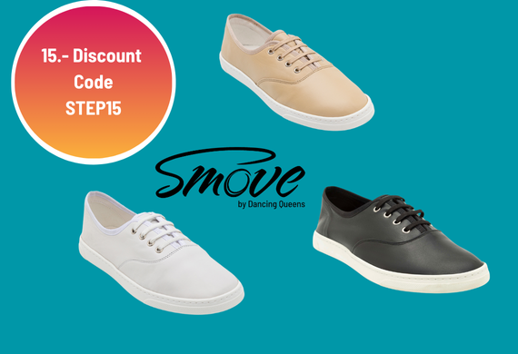 Drei Freizeitschuhe in Beige, Weiß und Schwarz auf türkisfarbenem Hintergrund mit „15.- Rabattcode STEP15“ und „Smove.