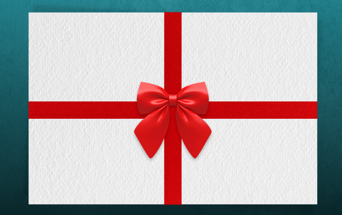 Weiße Geschenkbox mit roter Schleife auf blaugrünem Hintergrund, ideal für einen Dancing Queens-Gutschein ab 10.00 CHF.