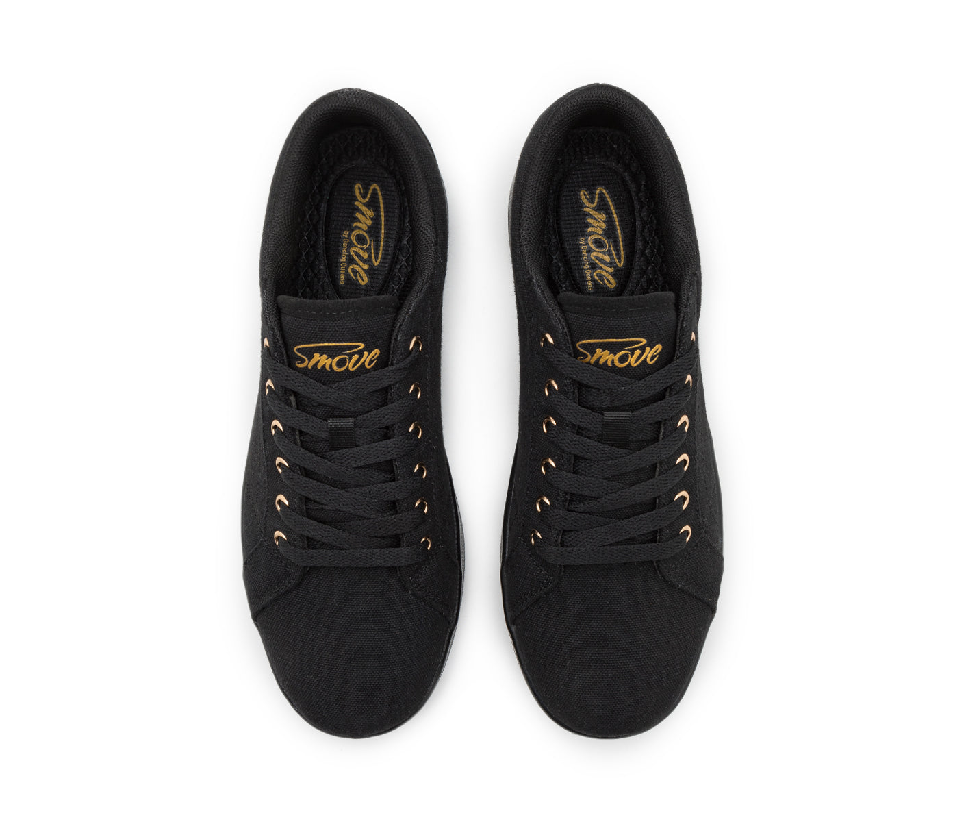 Schwarzer SMOVE Dance Sneaker von Dancing Queens mit goldenen Ösen, von oben auf weißem Hintergrund betrachtet.