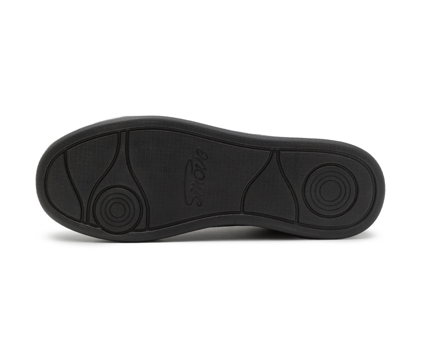 Schwarze PU-Sohle mit kreisförmigen Mustern, strukturiertem Griff und Dancing Queens-Logo auf den SMOVE Schwarz Sneakers.