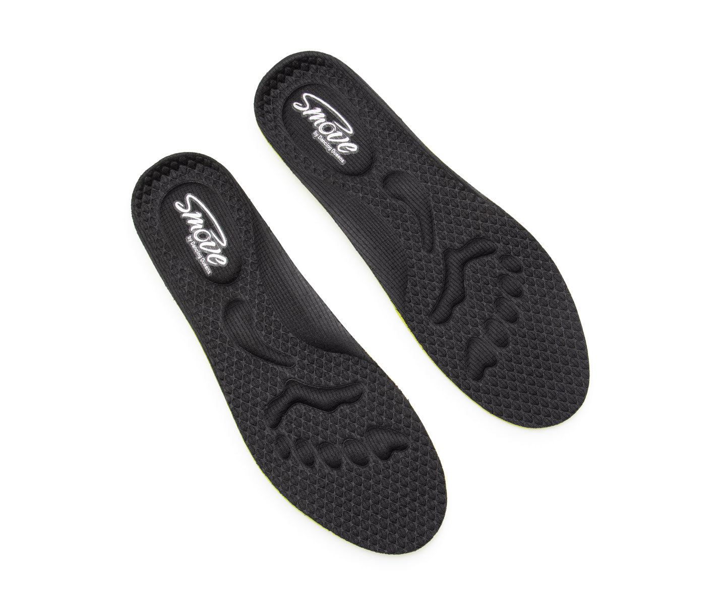 Schwarze strukturierte Einlegesohlen für Dancing Queens SMOVE Dance Sneaker, „Shoeze“ in Weiß auf der Ferse aufgedruckt.