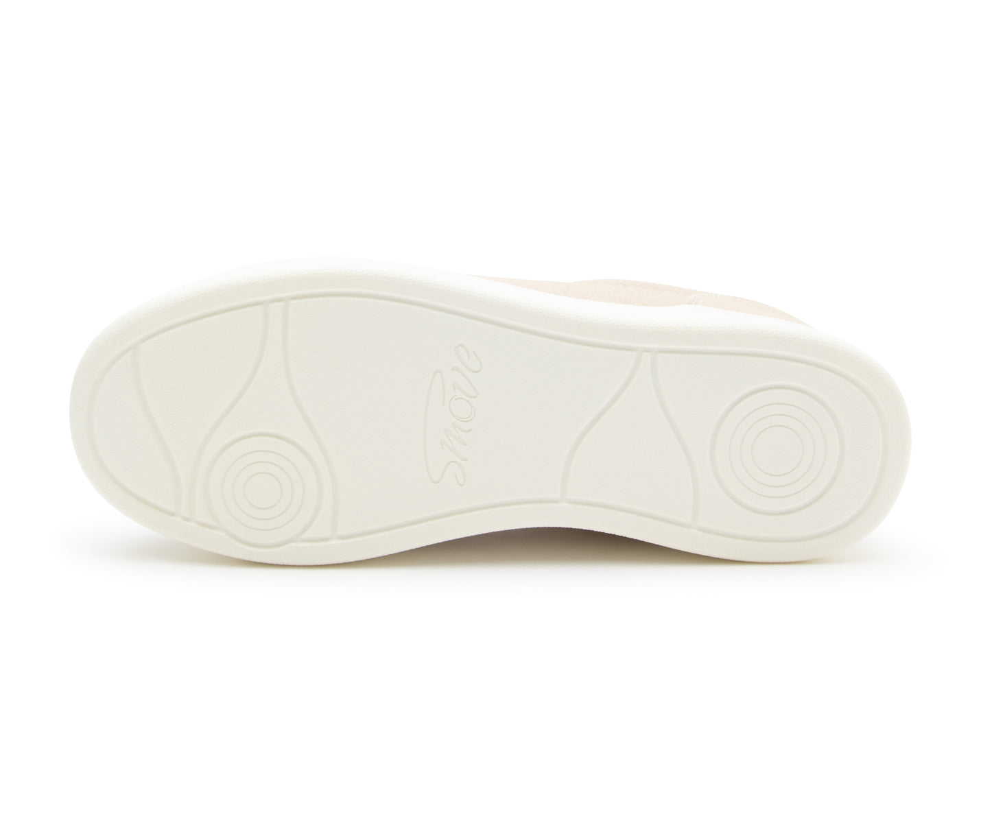 Der beige SMOVE Dance Sneaker von Dancing Queens verfügt über eine weiße PU-Sohle mit kreisförmigen Mustern und der Prägung „Smove“.