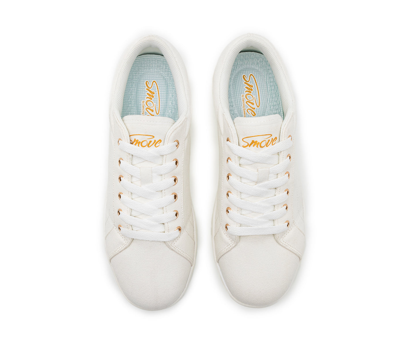 Draufsicht des weißen „SMOVE Dance Sneaker in Weiss“ mit „Smoove“ in orangefarbener Schrift auf den Innensohlen von Dancing Queens.