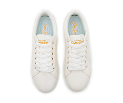 Draufsicht des weißen „SMOVE Dance Sneaker in Weiss“ mit „Smoove“ in orangefarbener Schrift auf den Innensohlen von Dancing Queens.