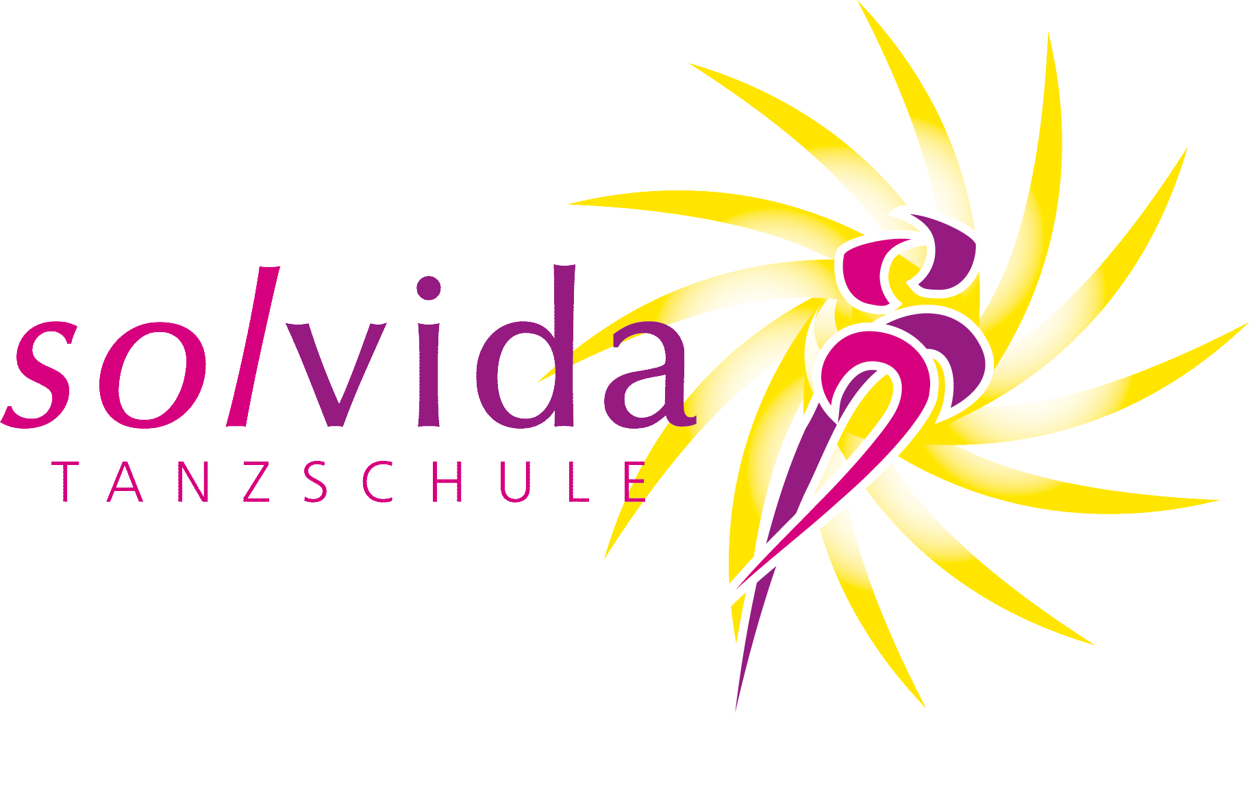 Logo für solvida von Tanzkurse: zeigt eine stilisierte Tänzerin und gelbe Strahlen, ideal für alle Tanzerfahrungsstufen.