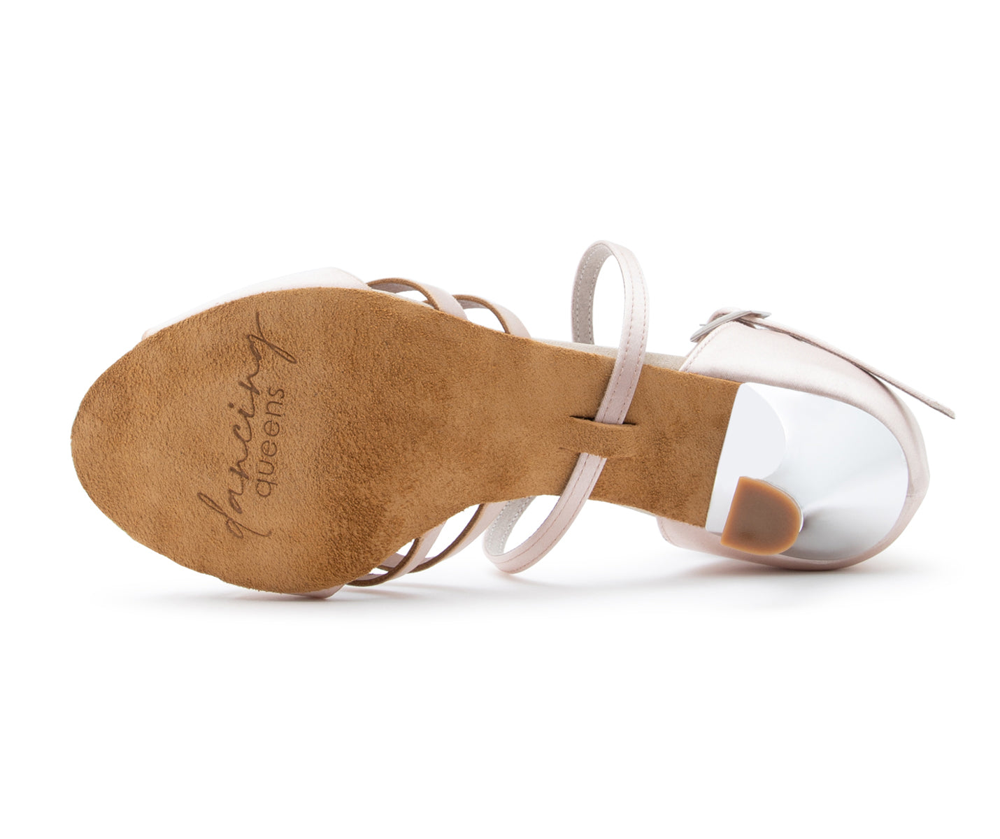 Unteransicht der Sparkle Elegance Tanzschuhe in Nude Rosé Satin mit Wildledersohle und Dancing Queens Logo.