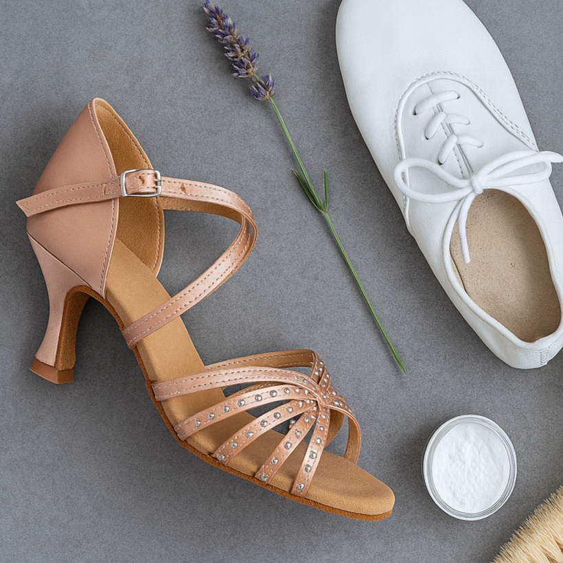 Tan Riemchen Tanz Ferse, weißer Tanzschuh, Lavendel Zweig, und Schuhpflegeartikel auf einem grauen Hintergrund.