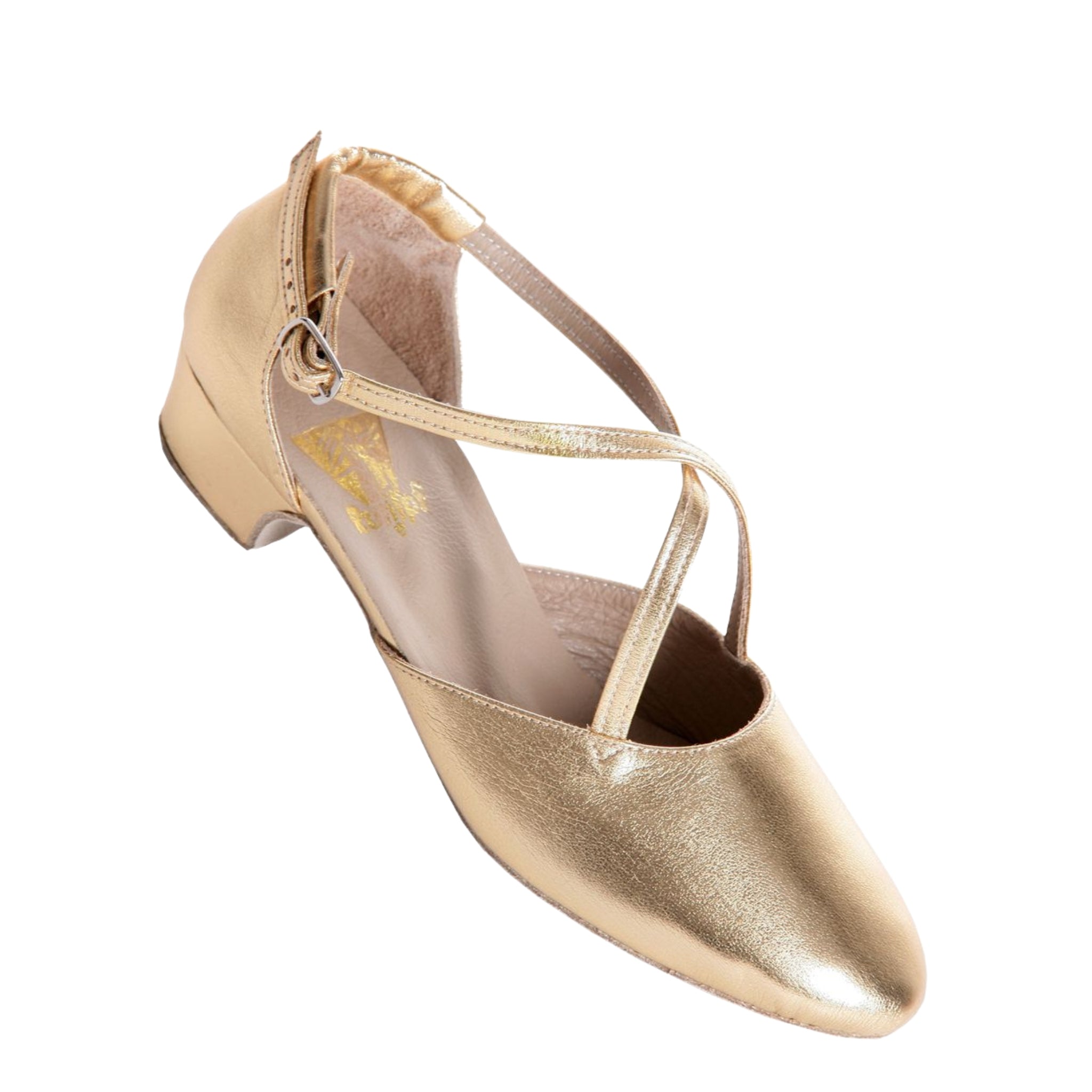 Rumpf 2021 Broadway Tanzschuhe in Gold mit gekreuzten Riemen und Chromledersohle, Draufsicht auf Weiß.
