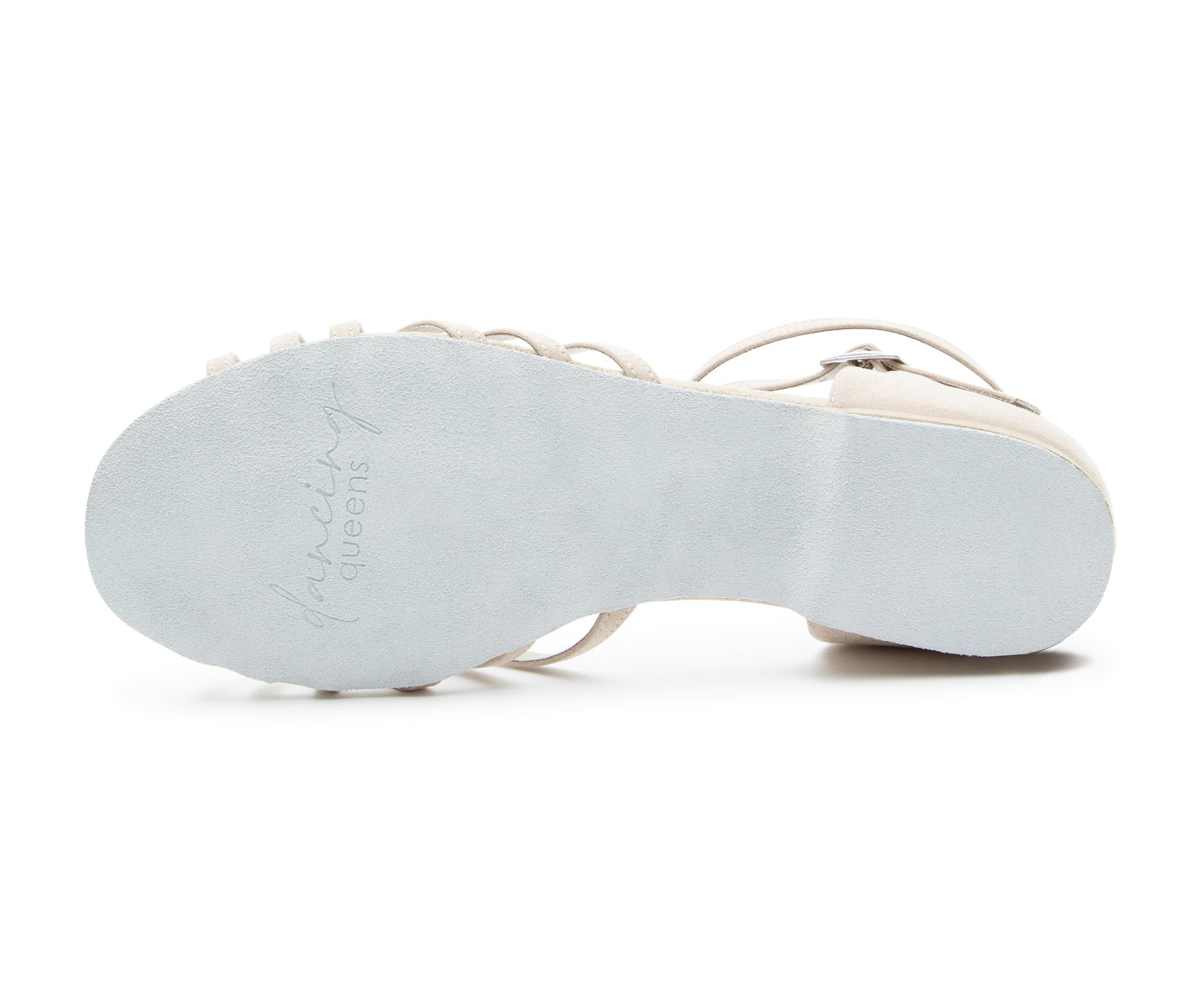 Sohlenansicht der flachen Tanzschuhe DQ02 aus beigem Wildleder von Dancing Queens mit eleganten Riemen.