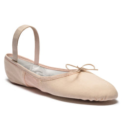 Ein rosa BAE13 Só Dança-Ballettschuh mit elastischem Riemen und einer Schleife an der Spitze.