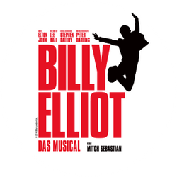 Silhouette eines springenden Tänzers mit „Billy Elliot Das Musical“ in fetten roten Buchstaben.