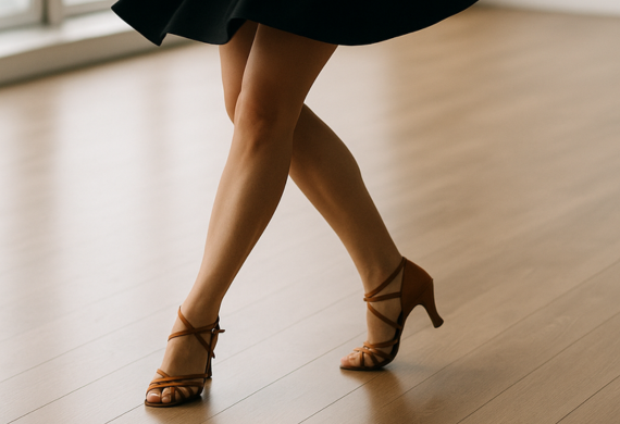 Person mit braunen Absätzen, die auf einem Holzboden tanzt, wobei nur Beine und Rock sichtbar sind.