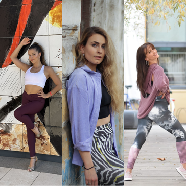 Drei Frauen posieren selbstbewusst im Freien, jede von ihnen trägt modische Activewear in verschiedenen Farben und Mustern.