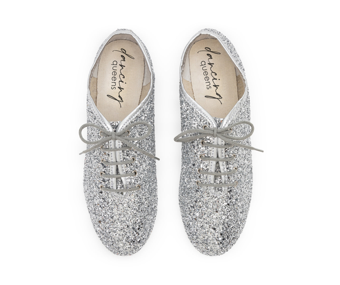 Glitzernde 550 Silver Tanzschuhe in Glitter von Dancing Queens, vielseitig für Jazz-Tanz, von oben betrachtet.