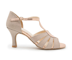 Tanzschuhe ESP09 von Dancing Queens: Roségoldene T-Riemen-Sandale mit gewebter Struktur und geschlossener Ferse.