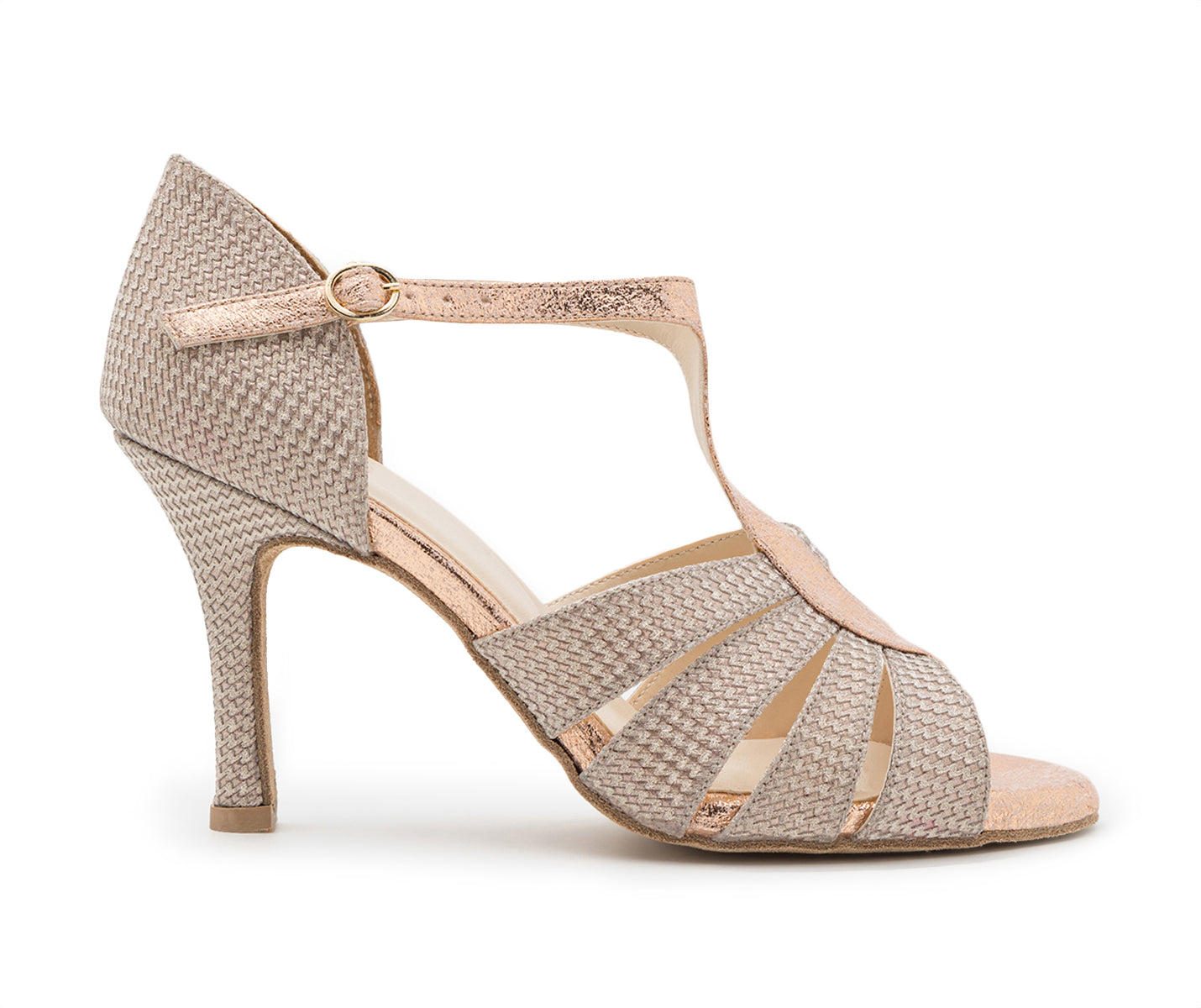 Glow Twinkle Tanzschuhe in Rosé Gold Glitter von Dancing Queens, T-Riemen-Sandale mit Schnalle, Seitenansicht.