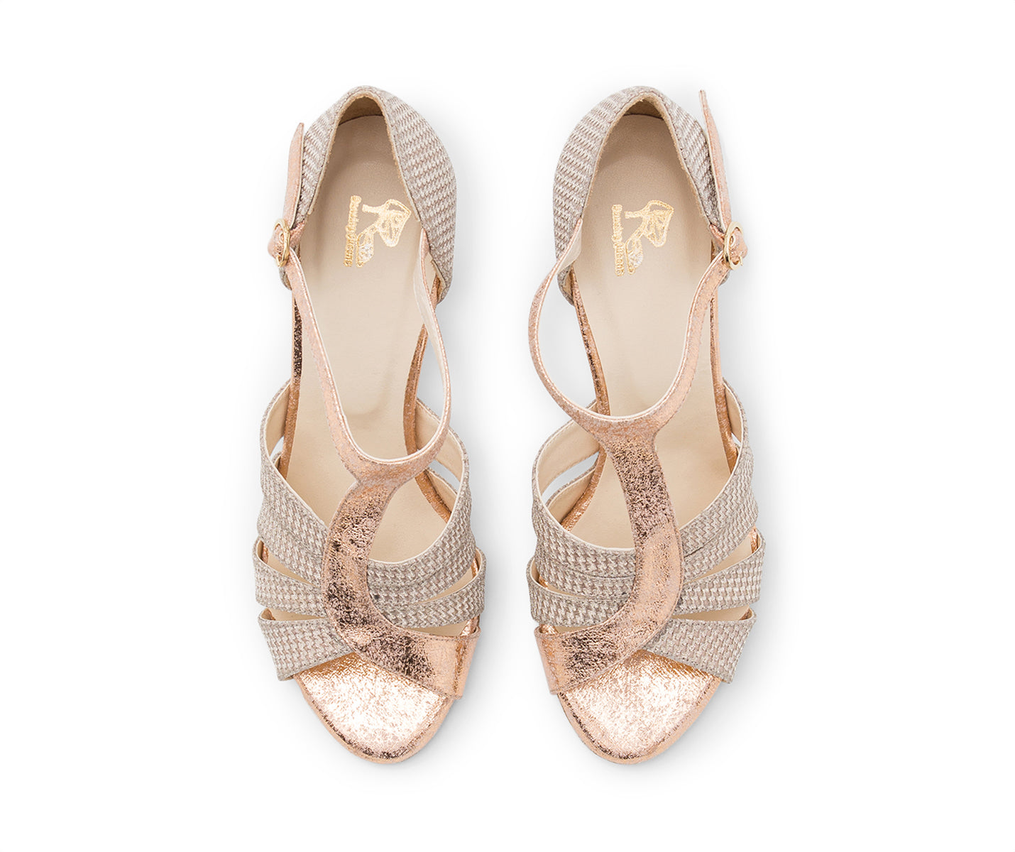 Draufsicht der Dancing Queens ESP09 Tanzschuhe in Roségold mit elegantem Open-Toe-Design und strukturiertem beigem Material.