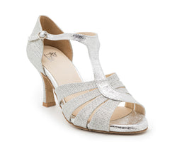 ESP09 Tanzschuhe in Silber von Dancing Queens: Silberne Riemchen-Sandalette mit T-Riemen und Schnallenverschluss.