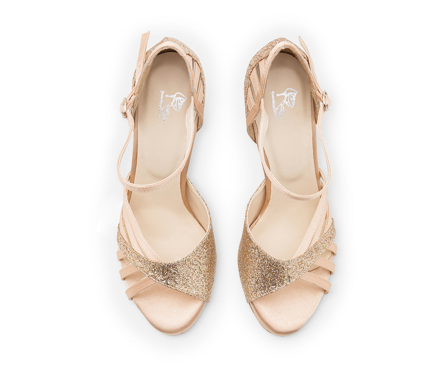 Draufsicht der nackten Tanzschuhe Dancing Queens ESP03 mit glitzernden goldenen Riemen auf weißem Hintergrund.